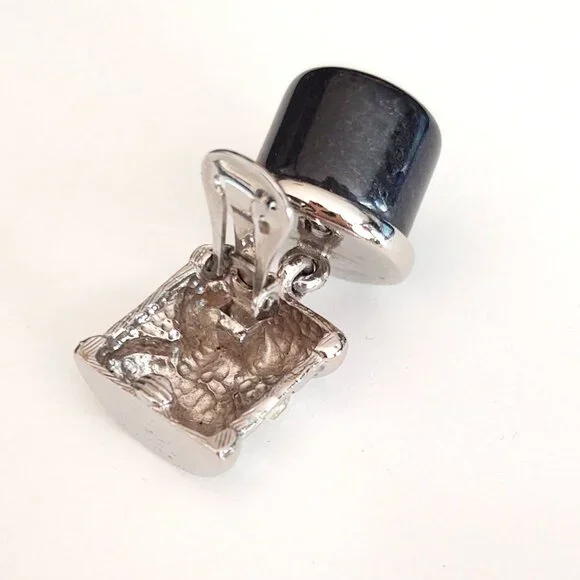 Vintage chunky silver and dark gray clip on earrings with cz accents - Picture 8 of 9